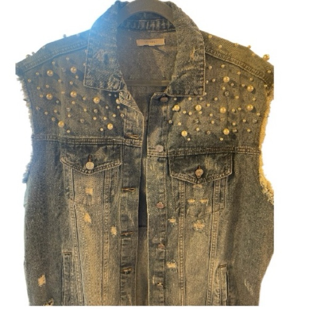 Women's Long Denim Vest with Pearl & Rhinestone Accents - Picture 3 of 9